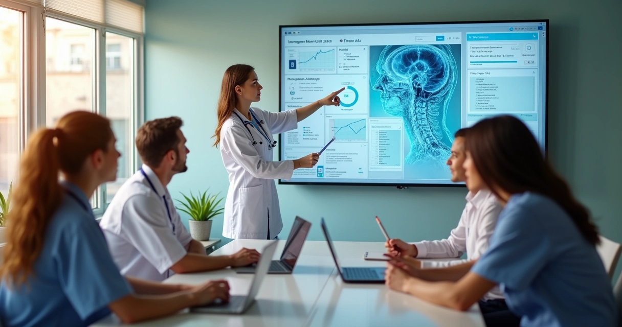 Vários profissionais de reabilitação em sala de reunião com computador e prontuário digital na mesa 