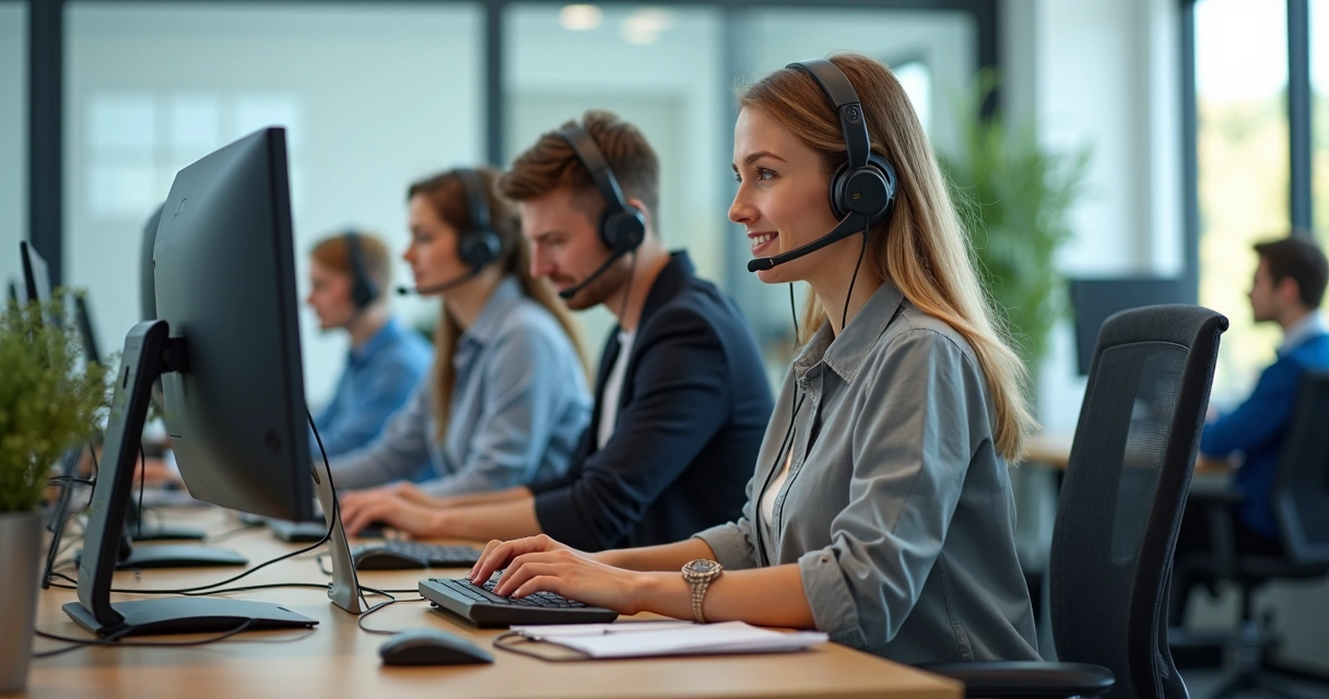 Equipe de atendimento terceirizada usando computadores em ambiente moderno 