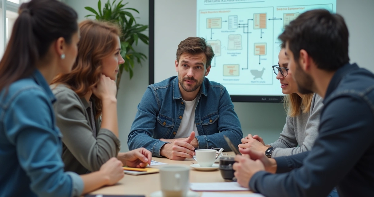 Equipe reunida em volta de computador testando automação de cobrança 