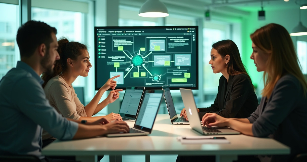 Equipe trabalhando em computadores testando automação de workflow 