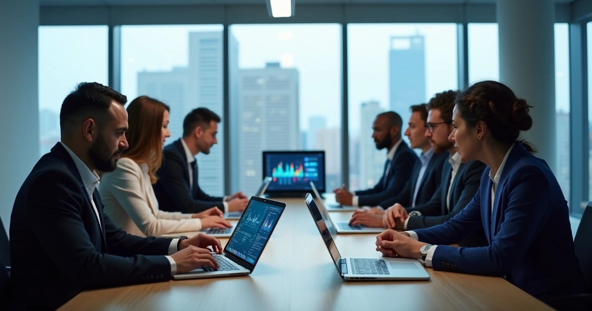 Equipe de trabalho testando sistema de IA em escritório moderno 