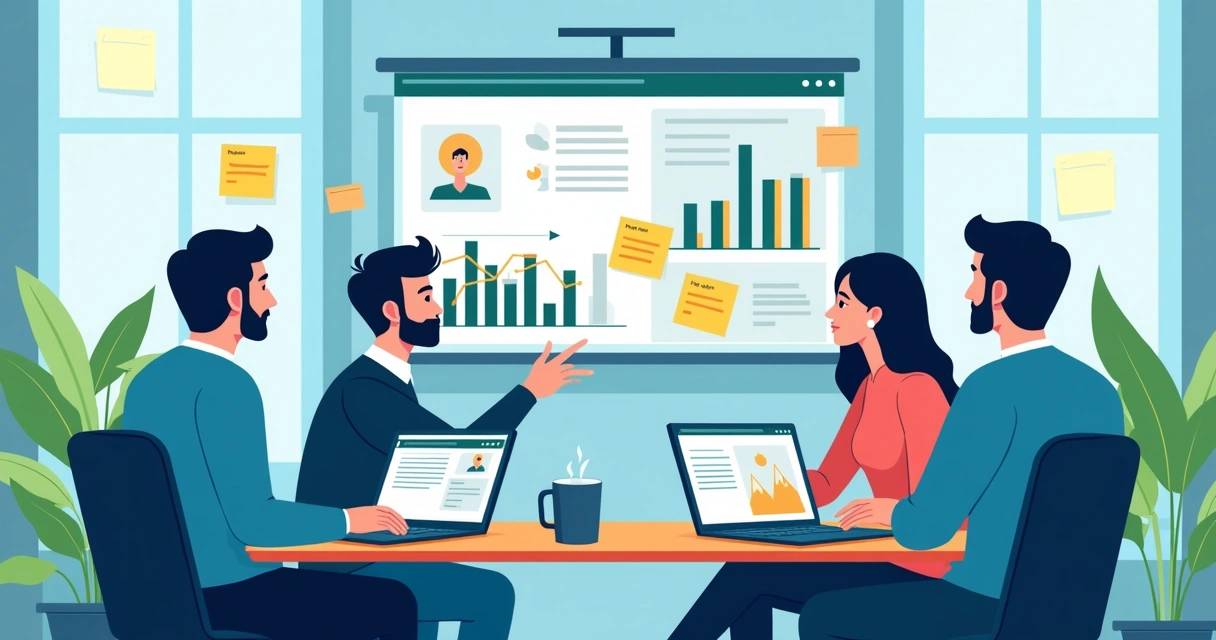 Equipe analisando testes de landing pages em dashboards e wireframes 