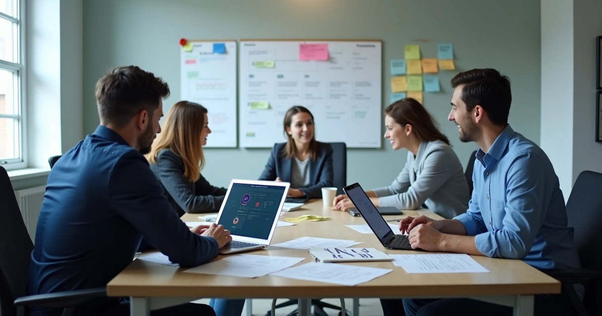 Equipe usando sistema em reunião curta 