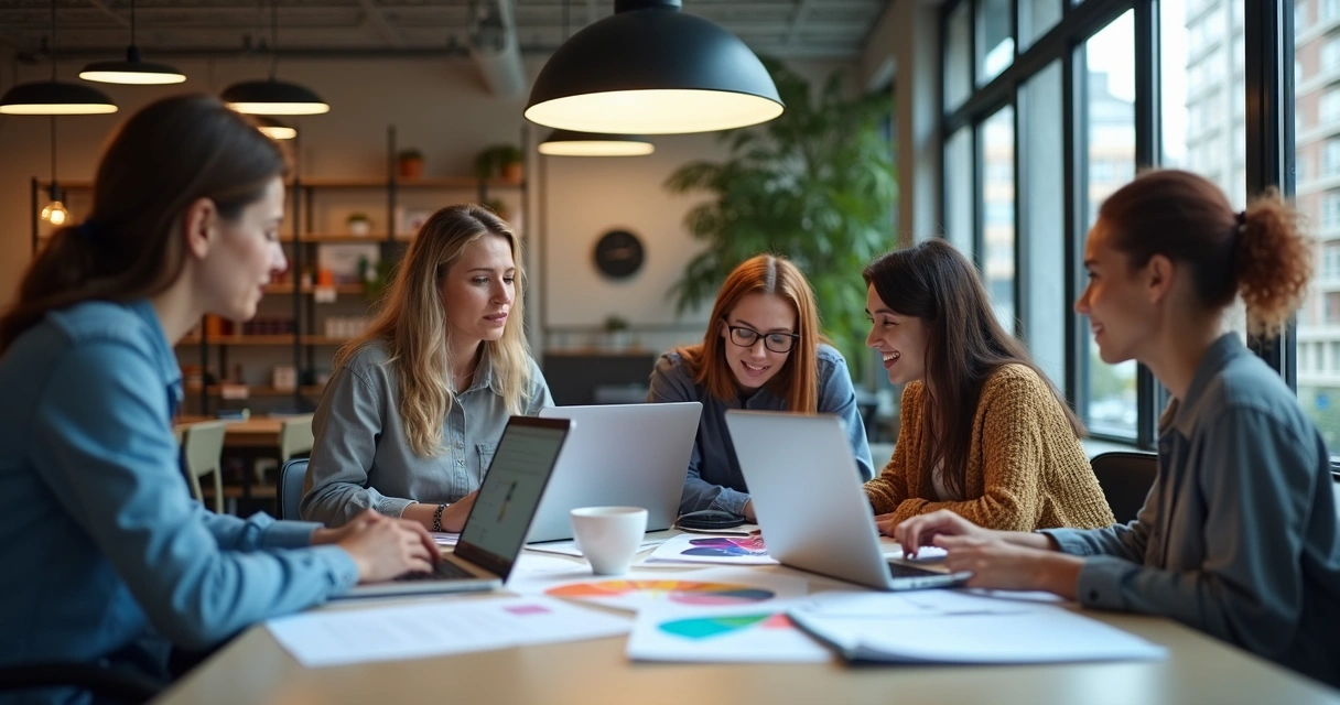 Equipe de revendedores testando software de gráfica em notebooks 