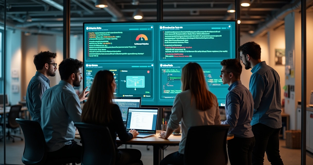 Equipe de desenvolvimento analisando painel de testes automatizados em tela gigante 