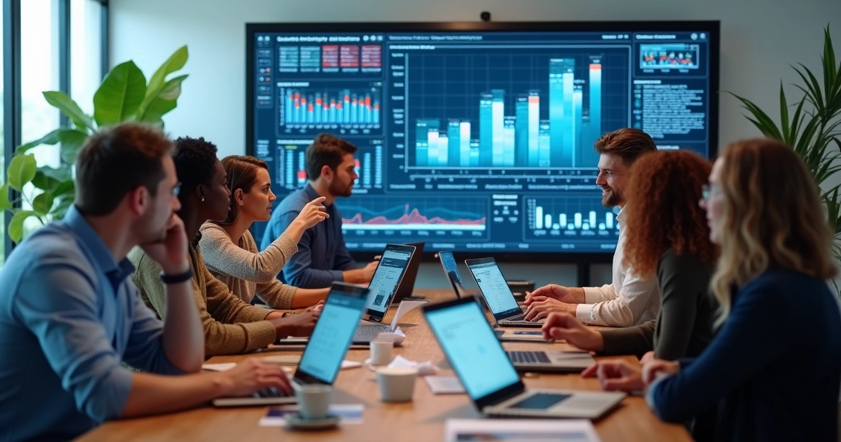 Equipe de software analisando resultados de testes automatizados por IA 