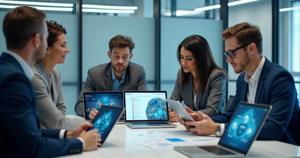 Equipe de TI reunida analisando opções de IA
