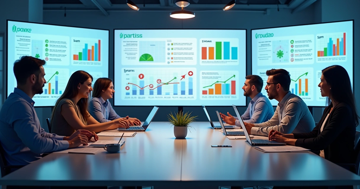 Equipe de tecnologia reunida analisando gráficos de e-mails antispam 