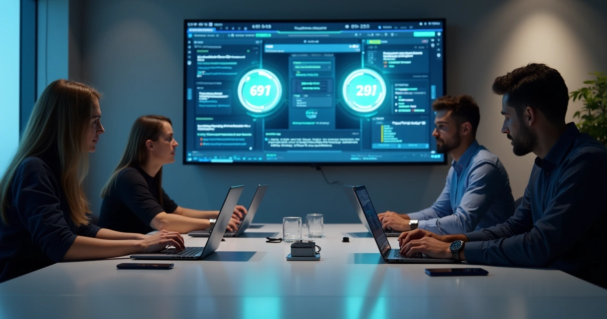 Equipe de TI em uma mesa de reunião monitorando atualizações em notebooks 