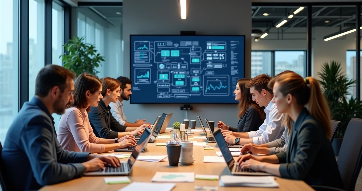 Equipe de TI reunida em mesa, utilizando notebooks e discutindo automação de processos 