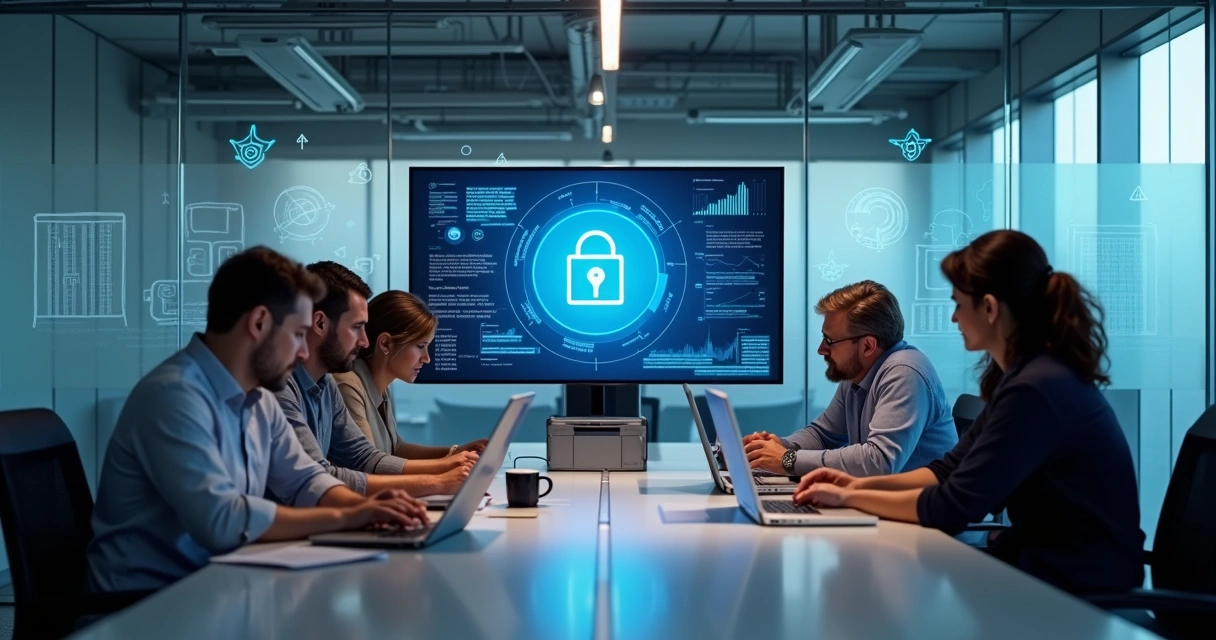 Equipe de TI analisando tela de backup em sala de reunião moderna 