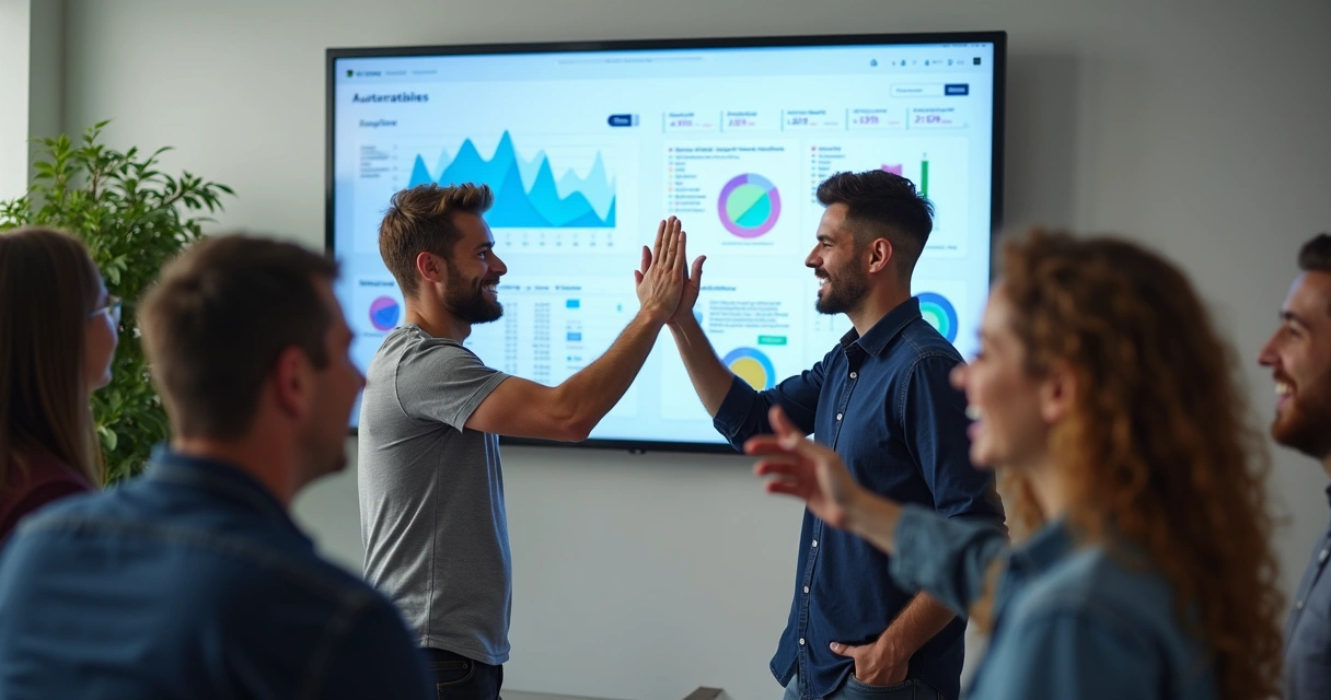 Equipe de TI comemorando frente ao painel de automação integrador