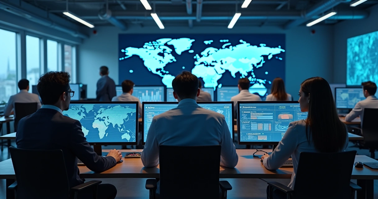 Profissionais de TI colaborando em escritório moderno com múltiplas telas de monitoramento 