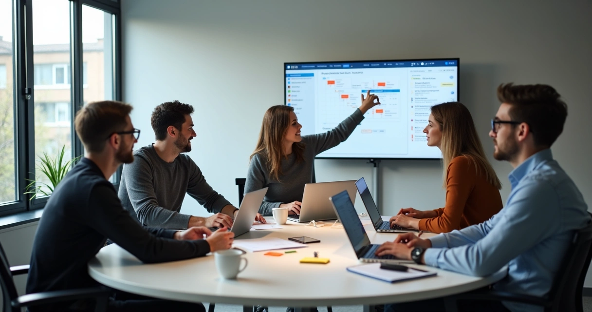Profissionais de TI em mesa redonda discutindo tarefas com notebook aberto