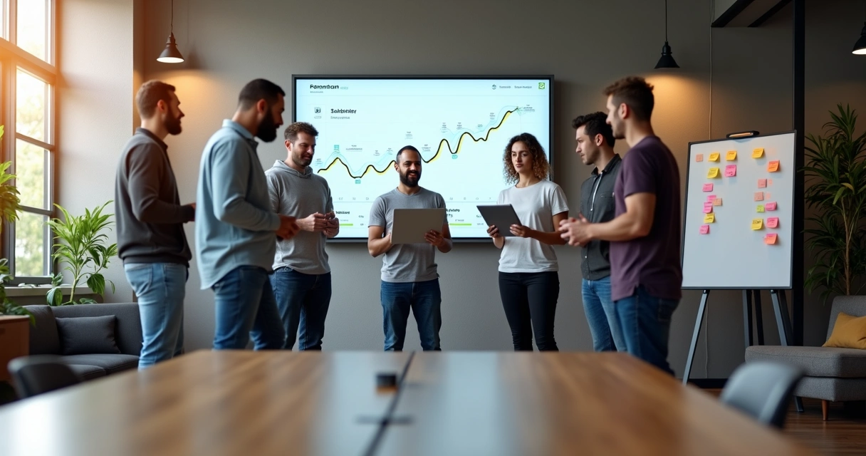 Equipe de TI colaborando em círculo em escritório moderno de tecnologia 