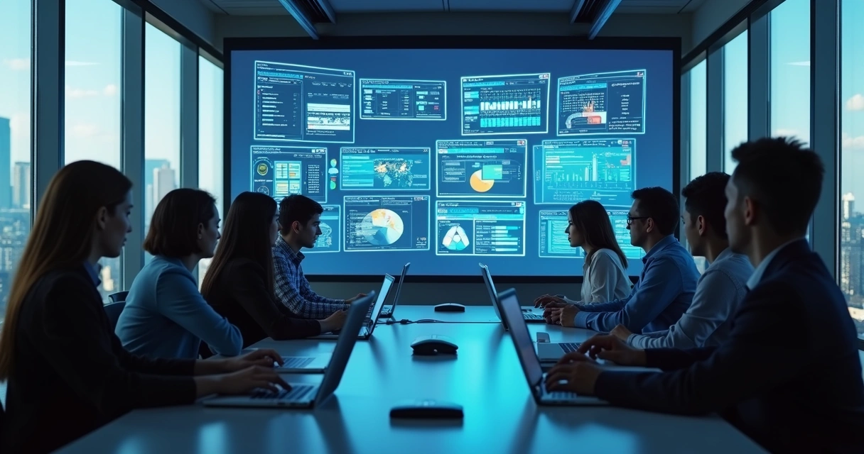 Equipe de TI avaliando softwares de gestão em sala de reunião 