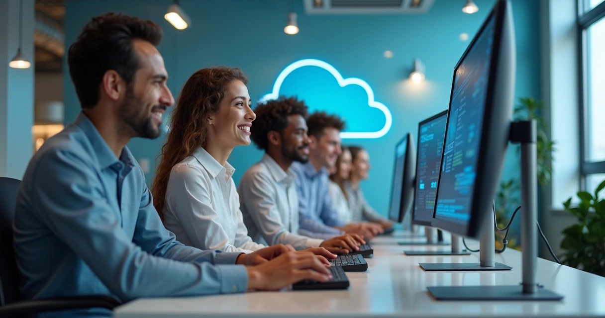 Equipe de TI satisfeita usando computadores com ambiente de nuvem ao fundo, clima leve e moderno. 