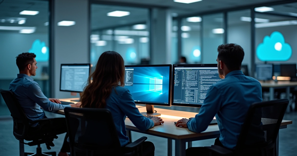 Equipe de TI configurando backup em ambiente empresarial 