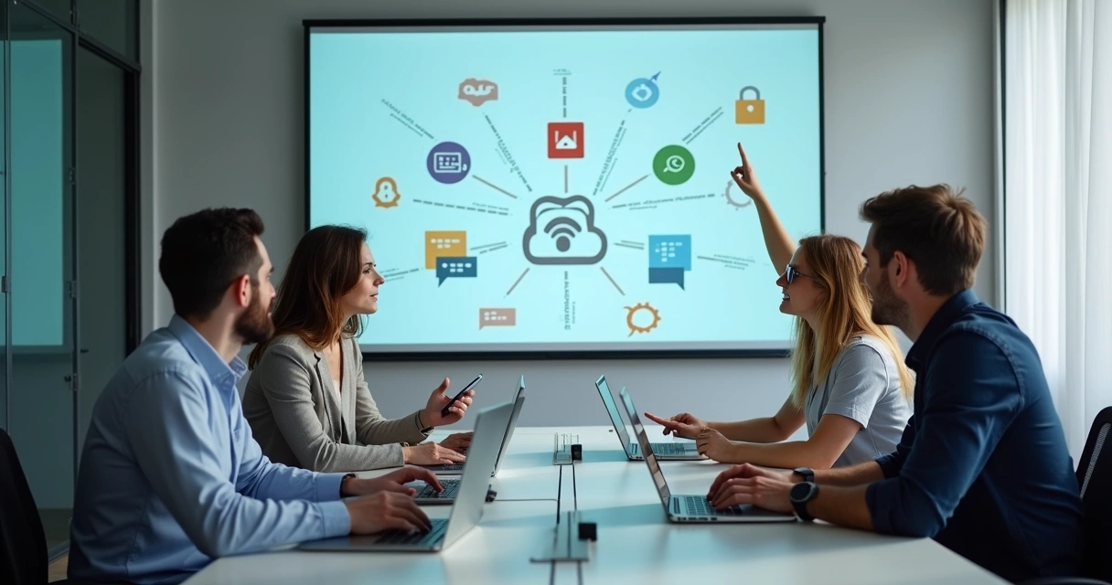 Equipe de TI em reunião analisando integrações entre sistemas e canal de chamados. 