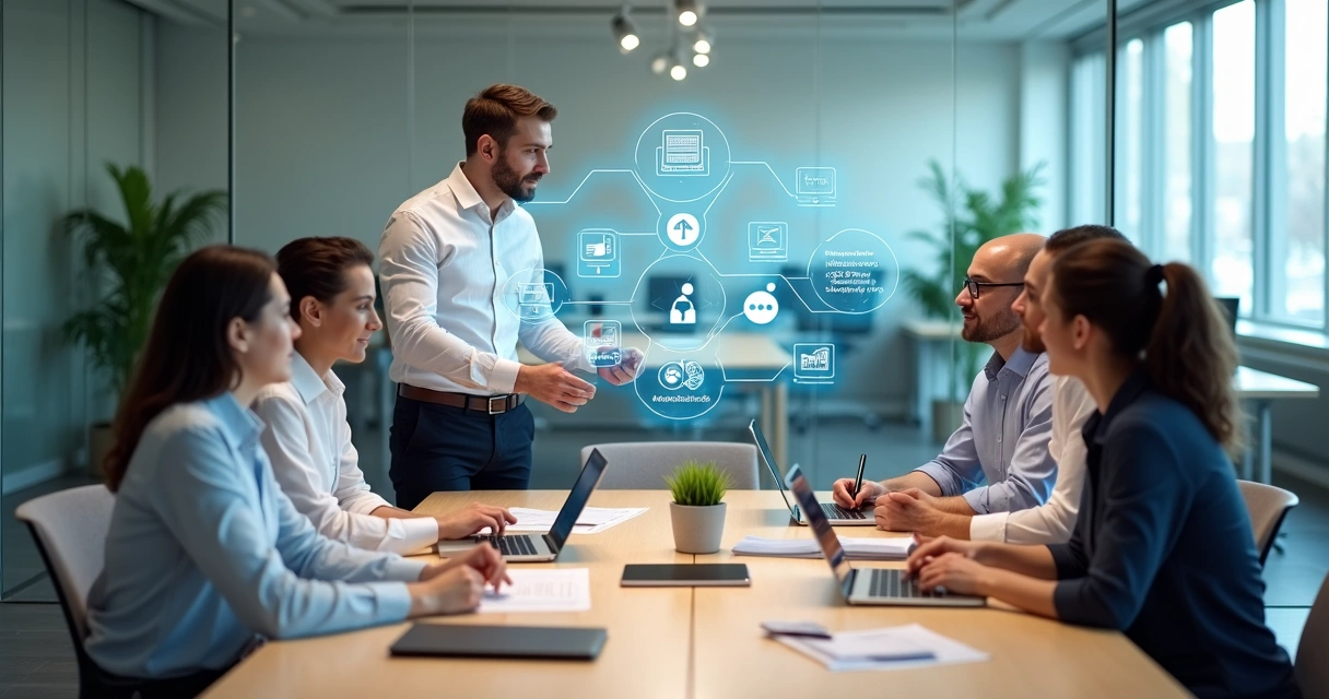 Equipe de TI interna de PME planejando gestão de tecnologia em mesa de reunião 