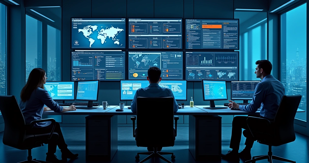Equipe de TI monitorando sistemas em central operacional 