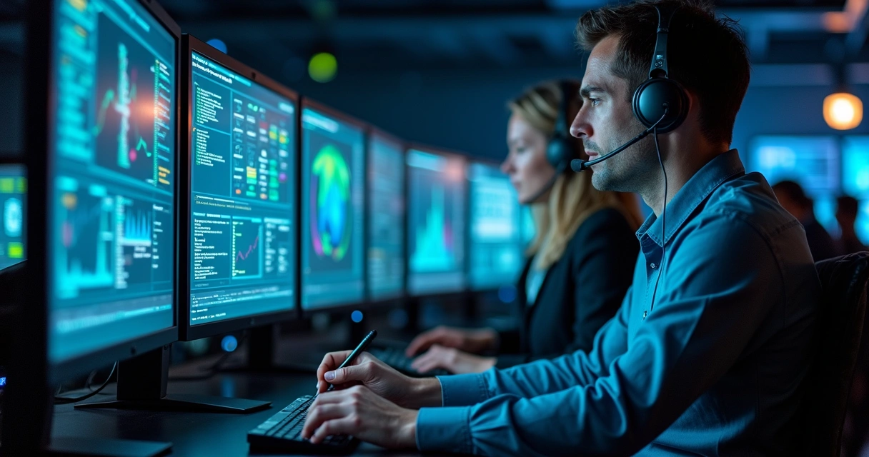 Equipe de tecnologia monitorando telas de operações seguras 