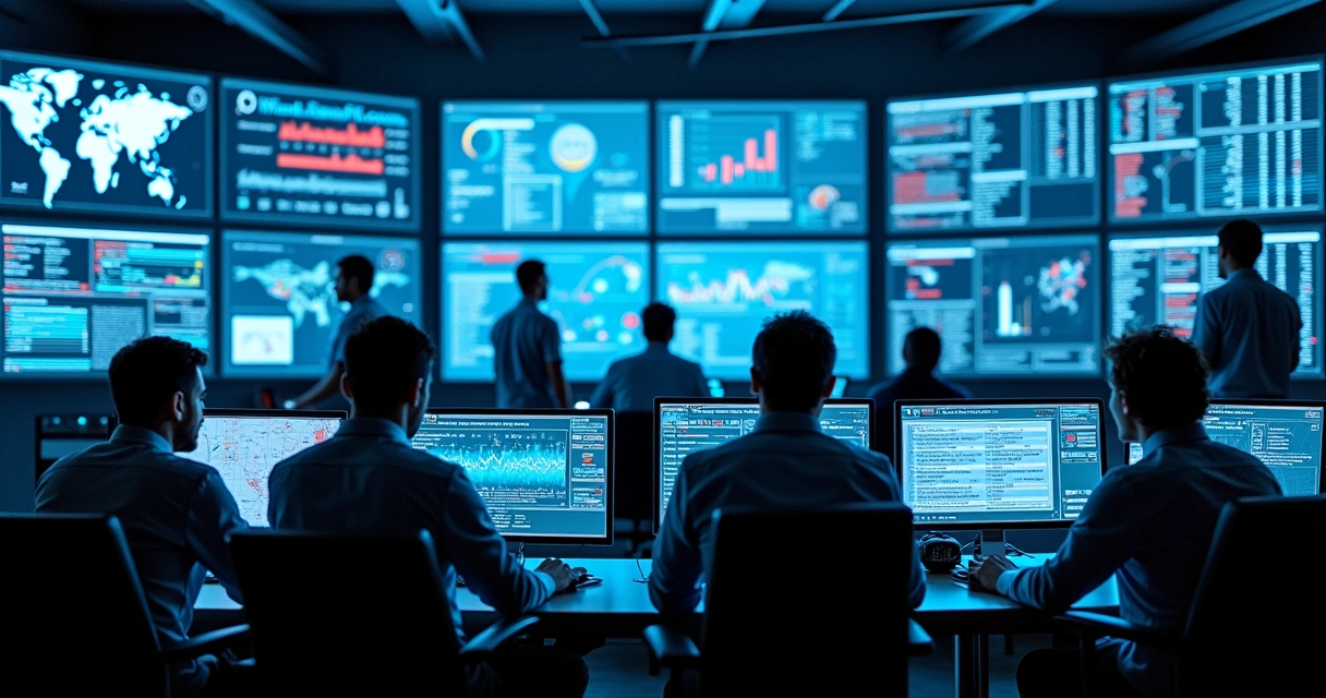 Equipe de TI monitorando segurança digital em monitores múltiplos
