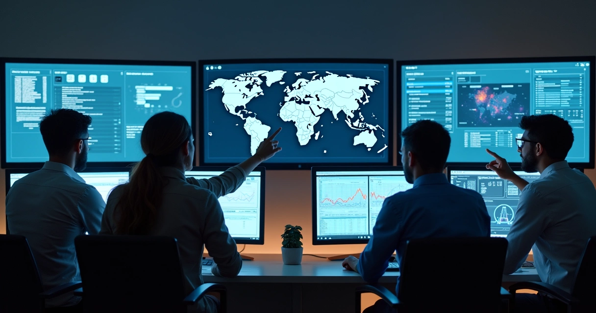 Equipe de TI analisando telas de monitoramento de redes. 