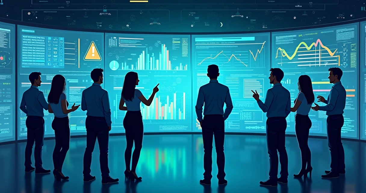 Equipe de TI observando painéis digitais com alertas e gráficos 