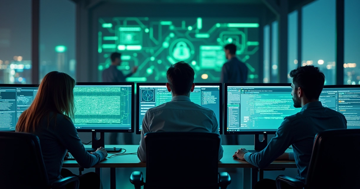 Equipe de TI monitorando computadores em rede 