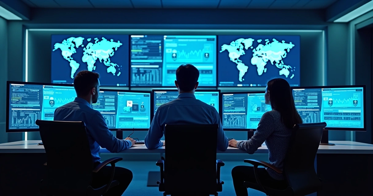 Equipe de TI monitorando computadores em tempo real 