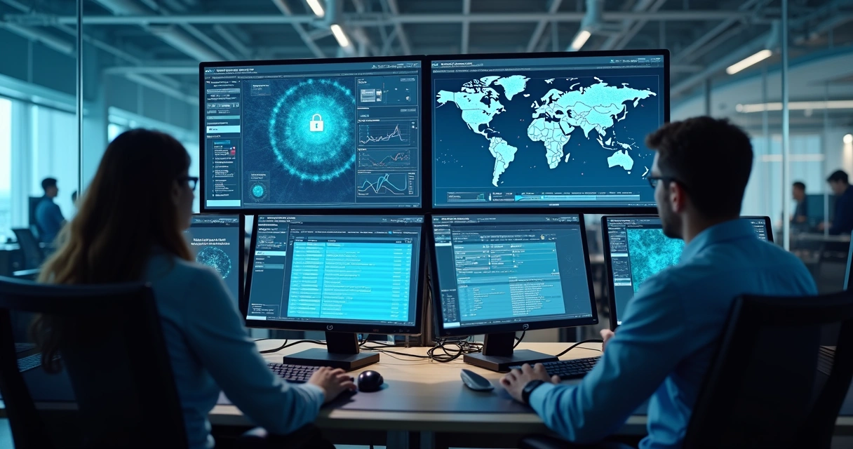 Equipe de TI supervisionando painéis de segurança digital 