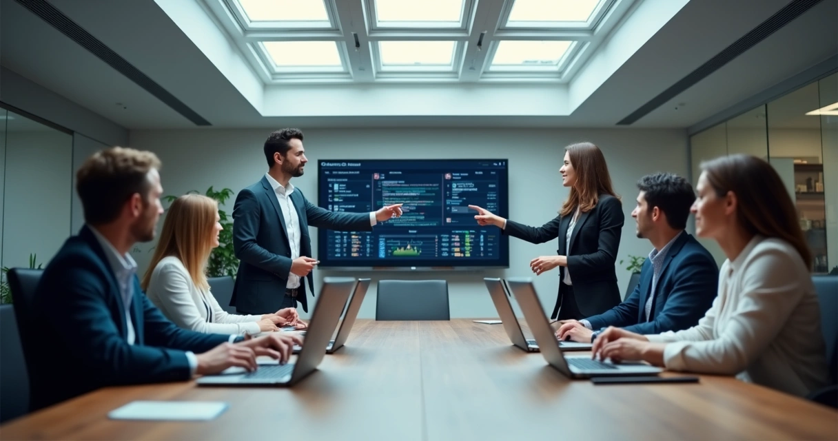 Equipe de TI apresentando gerenciamento de notebooks em uma sala de reunião. 