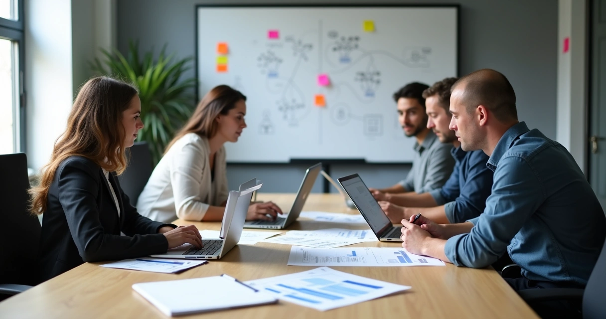 Equipe de TI em reunião analisando relatórios de desempenho