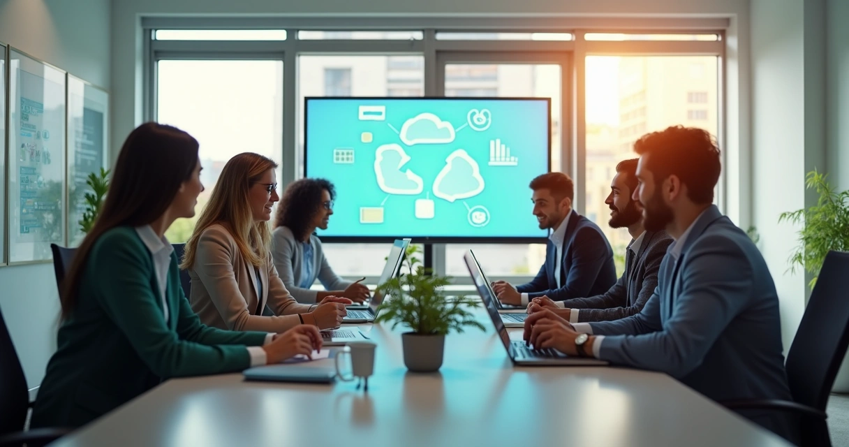 Equipe de TI reunida discutindo práticas sustentáveis em ambiente corporativo