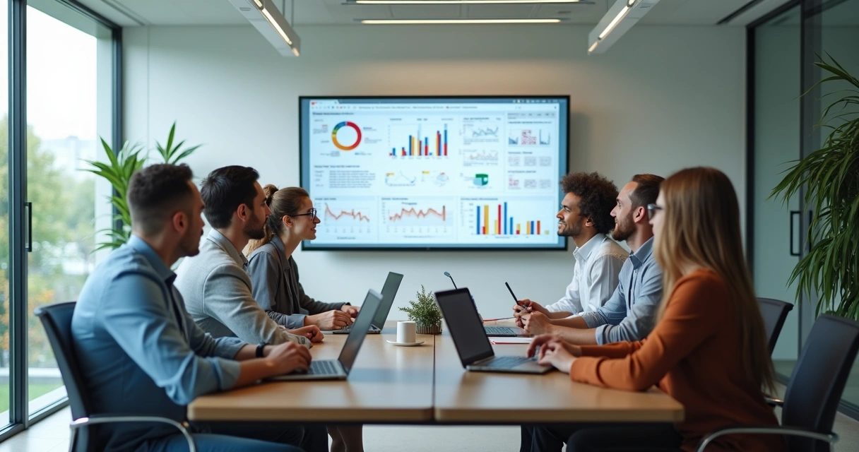 Equipe de TI reunida em escritório discutindo projeto de software 
