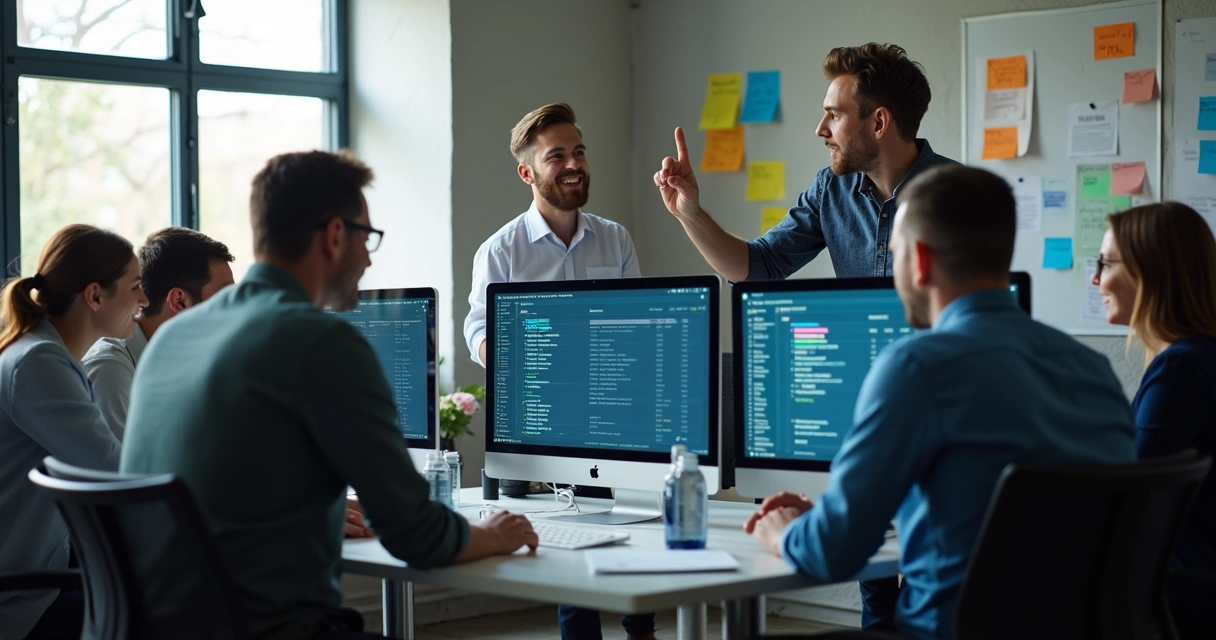 Equipe de TI reunida ao redor de uma mesa de trabalho, analisando tela de computador