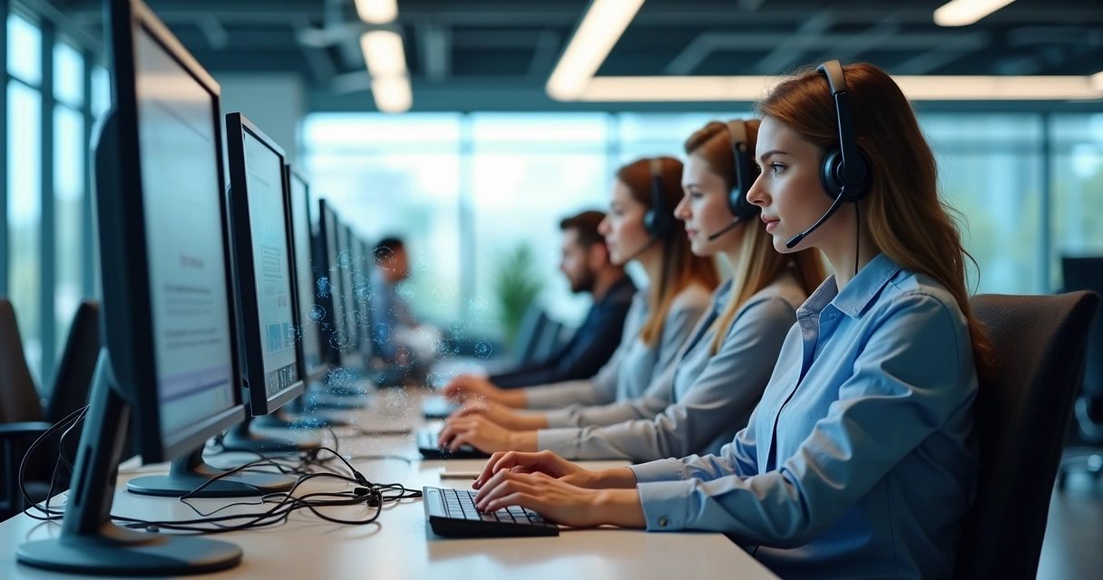 Equipe de TI atendendo empresa em escritório moderno 