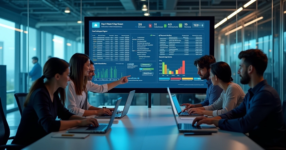 Equipe de TI analisando painel de sistema de chamados em escritório moderno 