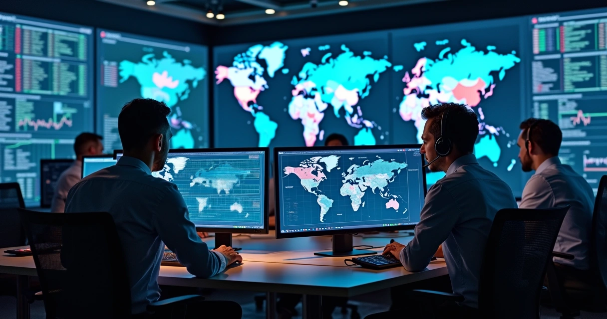 Analistas de TI em sala de monitoramento ao telefone 