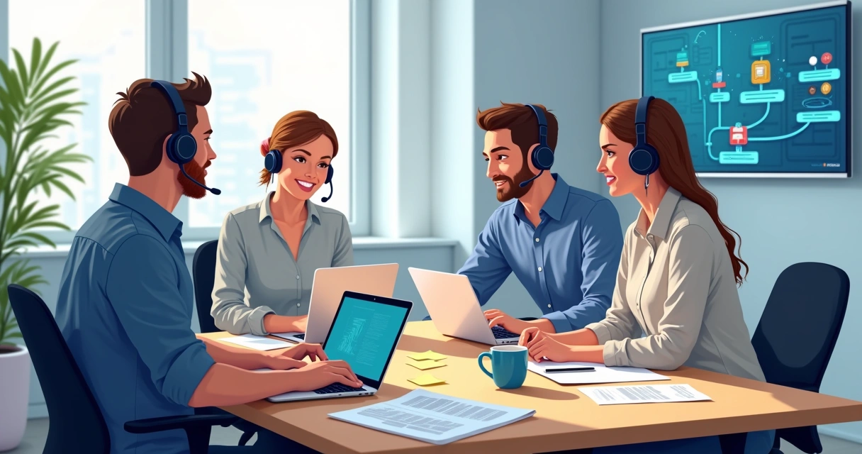 Equipe de suporte técnico reunida em uma mesa com notebooks, tablets e anotações. 