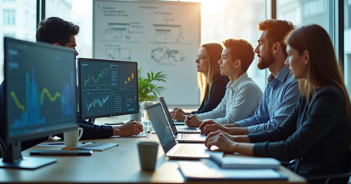 Equipe terceirizada de TI analisando dados em notebooks em uma sala corporativa 