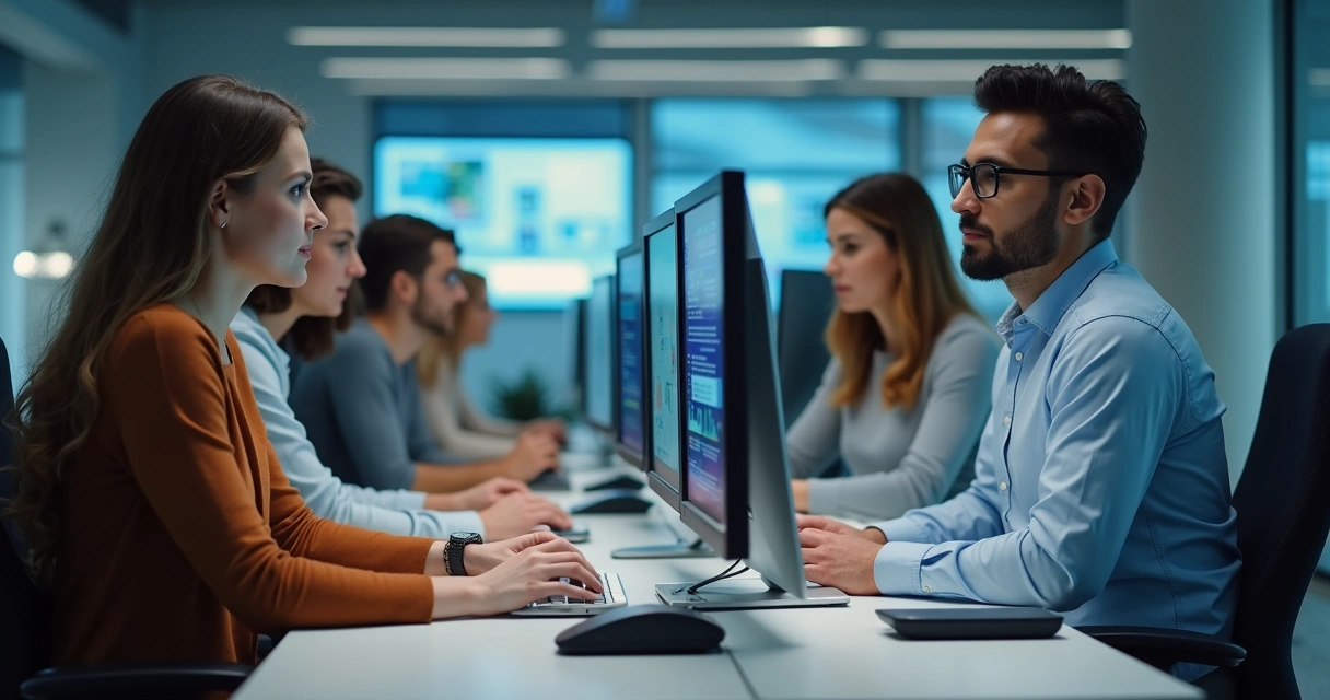 Equipe de TI terceirizada trabalhando em grupo em frente a computadores modernos
