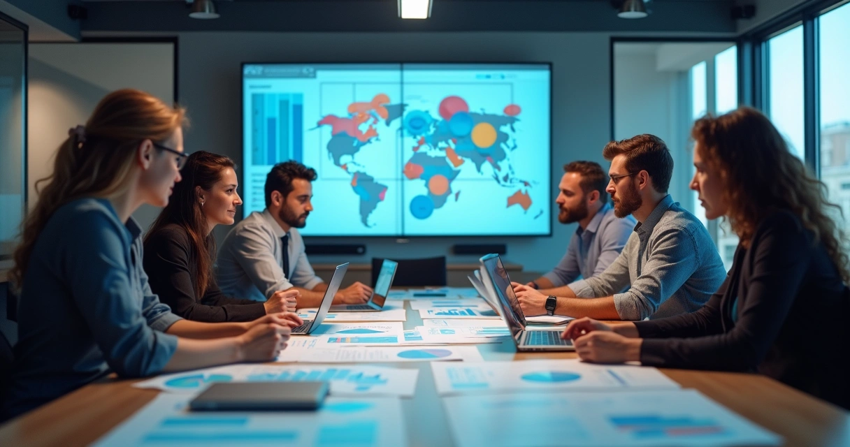 Equipe de TI reunida em sala moderna analisando gráficos e planilhas 