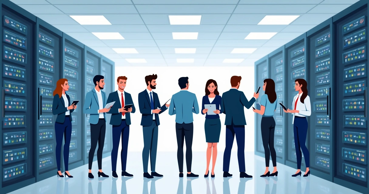 Equipe de TI colaborando em um data center
