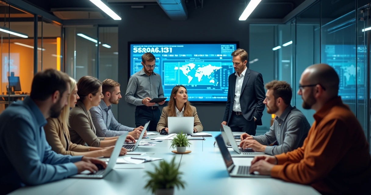 Equipe de TI reunida ao redor de uma mesa com computadores