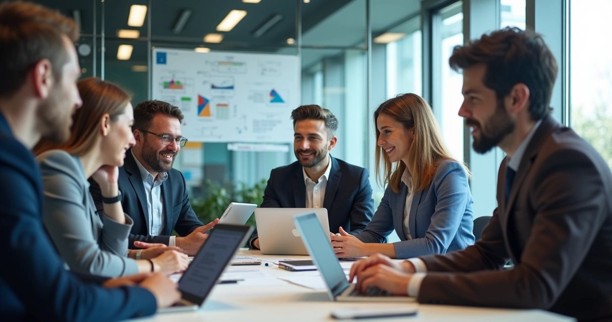 Equipe de TI reunida discutindo projeto em escritório moderno 