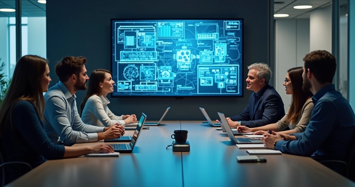 Equipe de TI em treinamento em sala corporativa moderna 