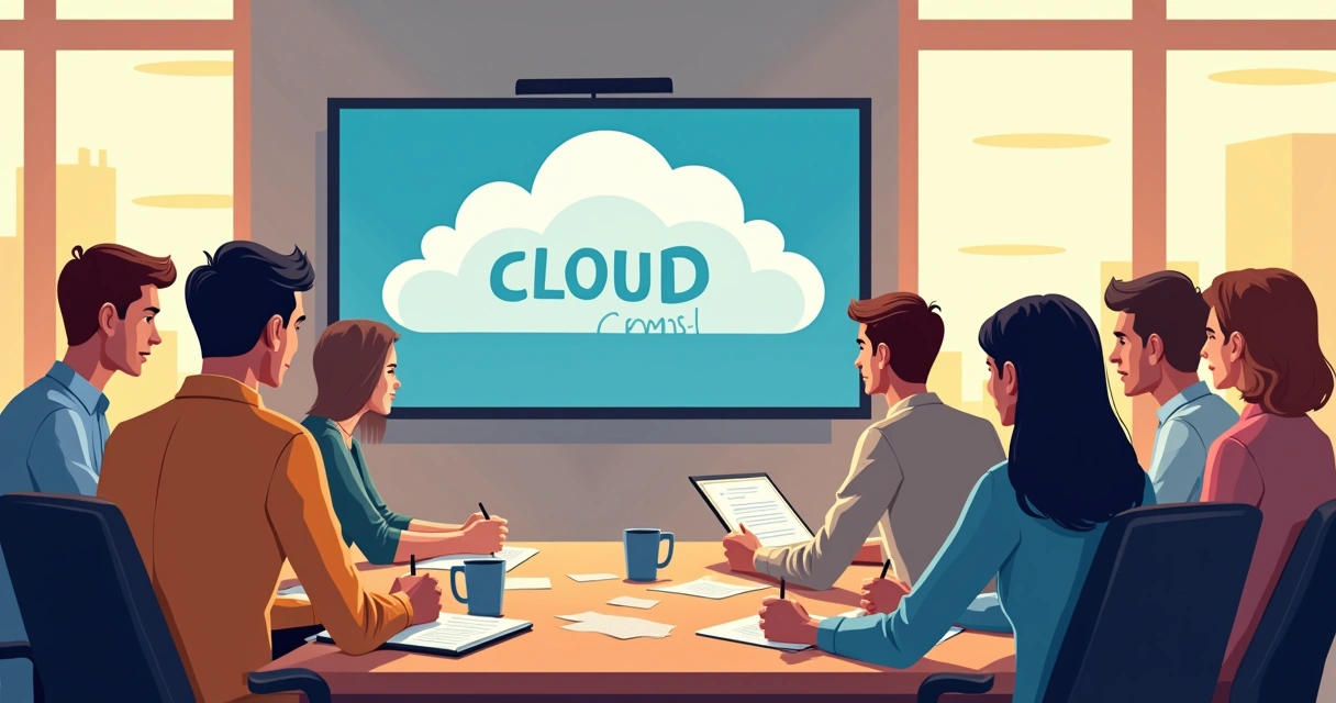 Equipe de TI em treinamento sobre nuvem com notebooks e projetor