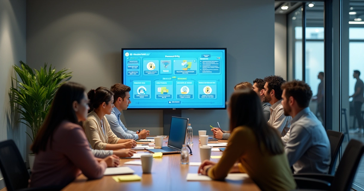 Equipe de TI colaborando em reunião usando cofre de senhas digital 